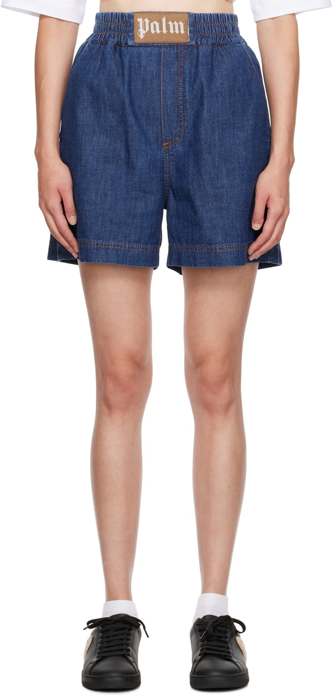 Palm Angels Navy Patch Denim Shorts Palm Angels