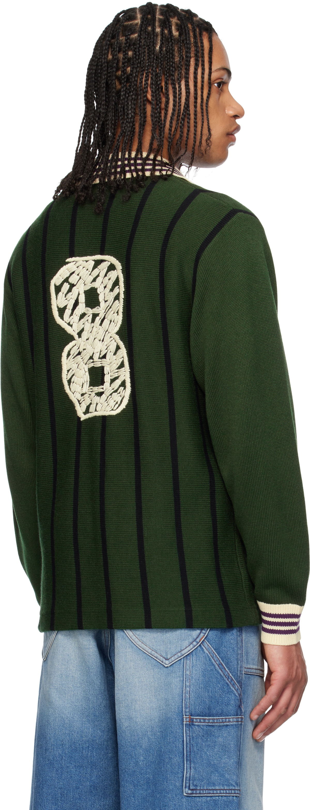 RICE NINE TEN Green Knitting Long Sleeve Soccer Jersey Polo