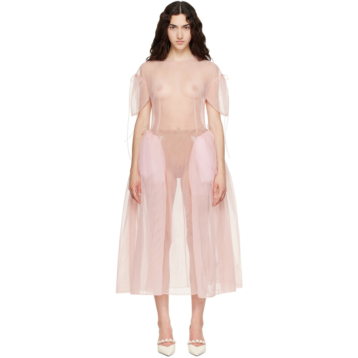 Simone Rocha Pink Puff Sleeve Cord Hip Midi Dress