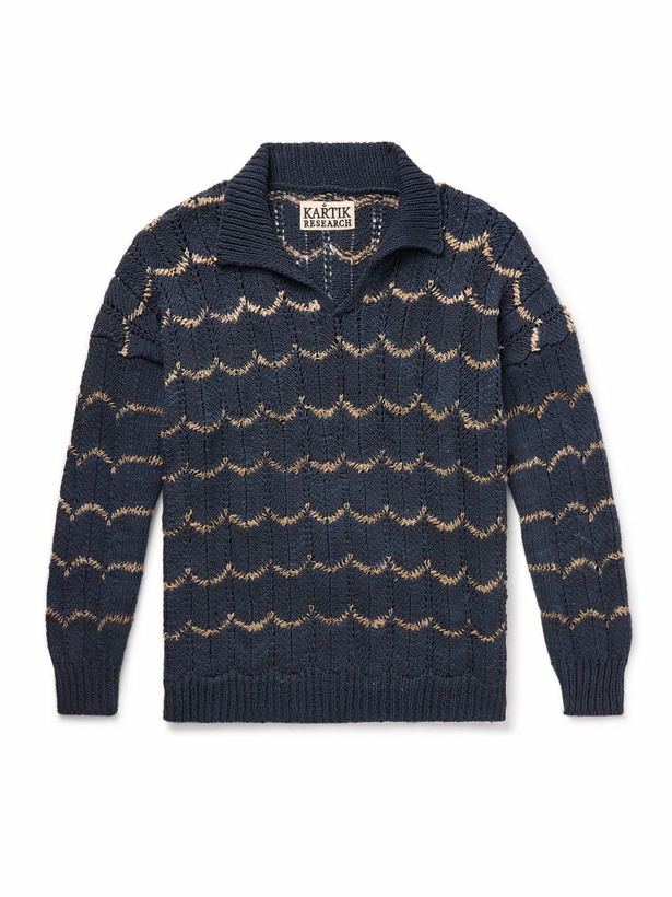 Photo: Kartik Research - Open-Knit Intarsia Cotton Polo Shirt - Blue