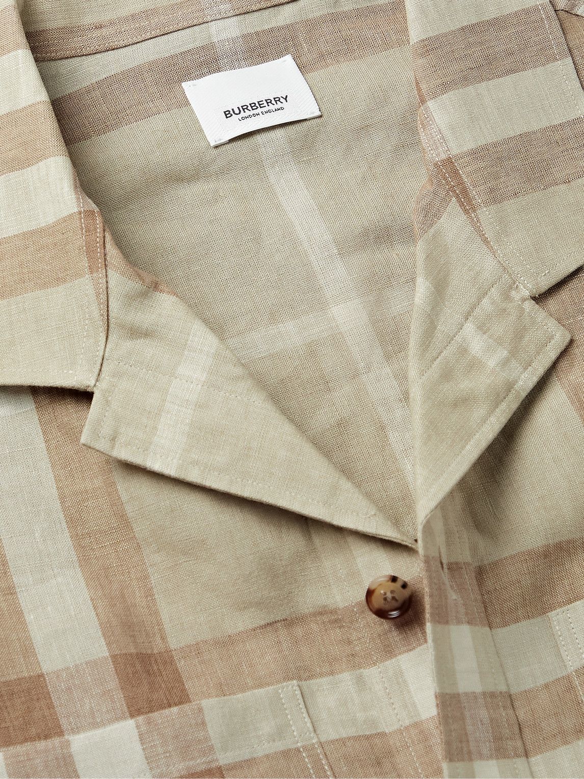 Burberry Oversized Camp Collar Checked Linen Shirt Neutrals Burberry