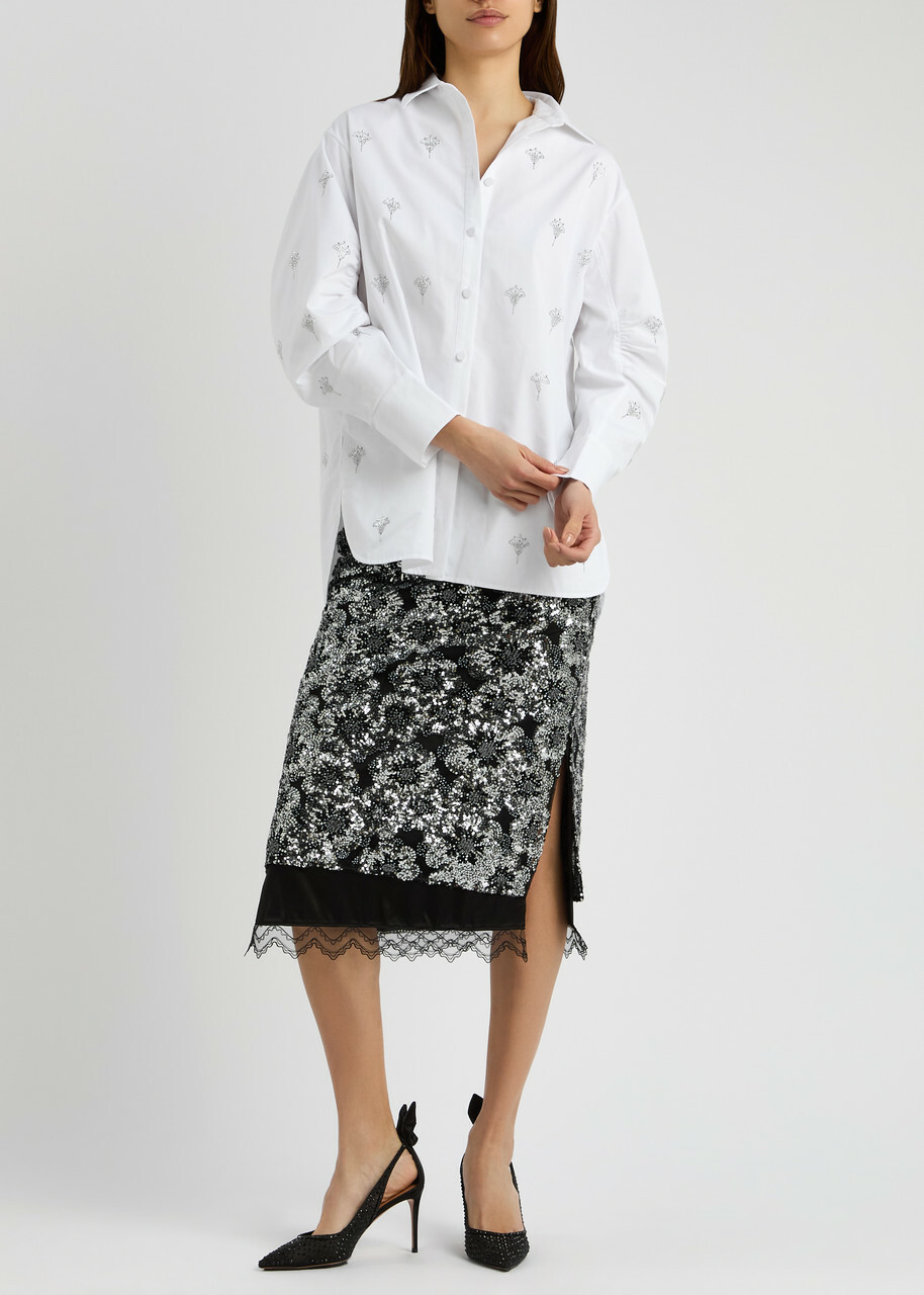 Huishan Zhang Leja Embellished Tulle Midi Skirt Silver