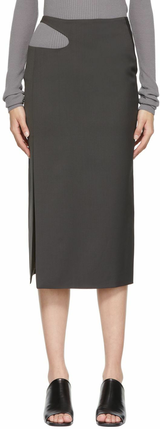 Gray Wool Midi Skirt With Leather Detail