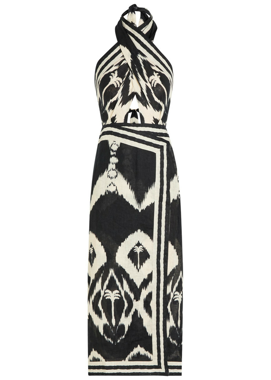 Johanna Ortiz Buen Viento Halterneck Linen Midi Dress Black