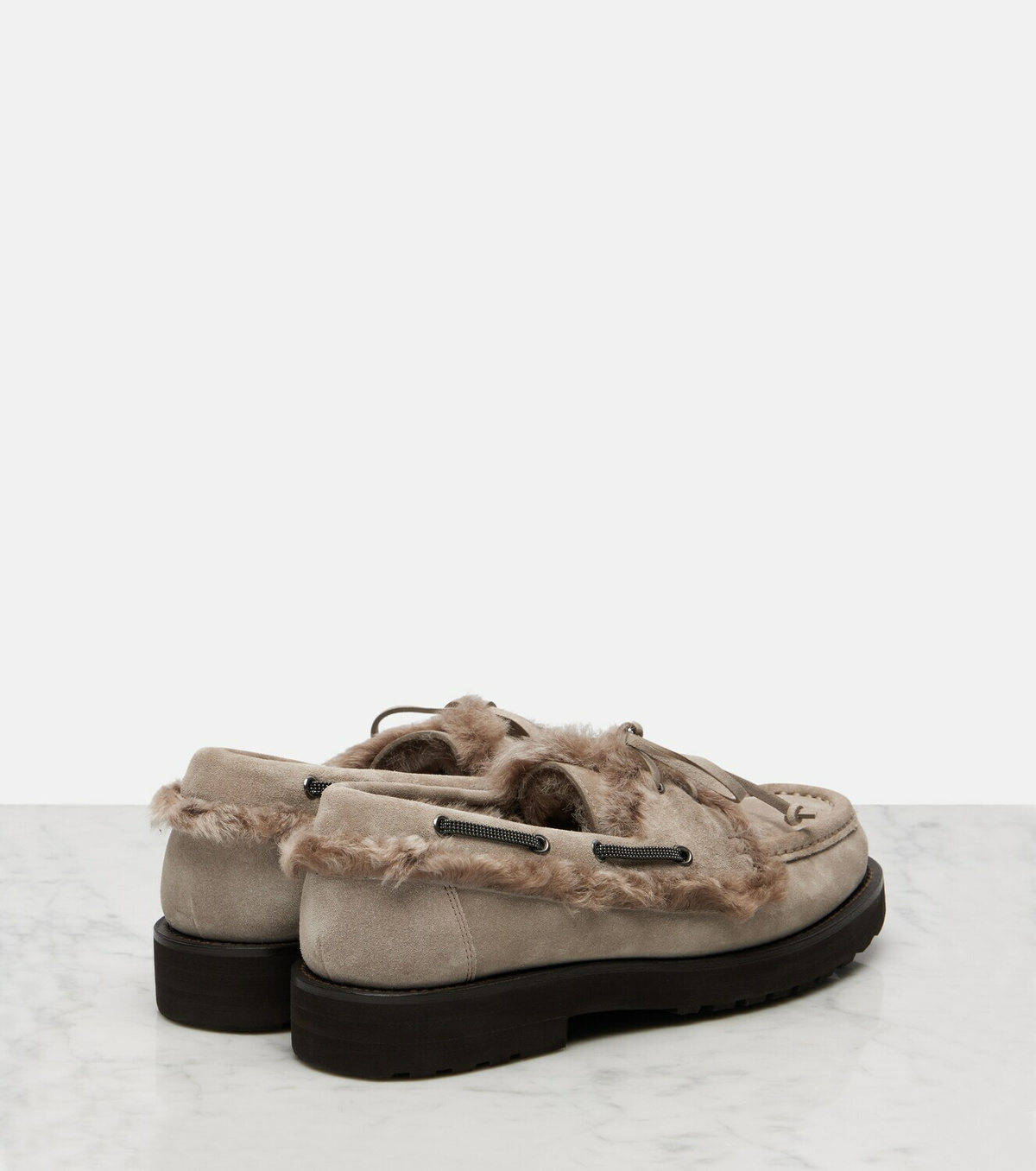 Brunello Cucinelli Monili shearling-trimmed suede boat shoes