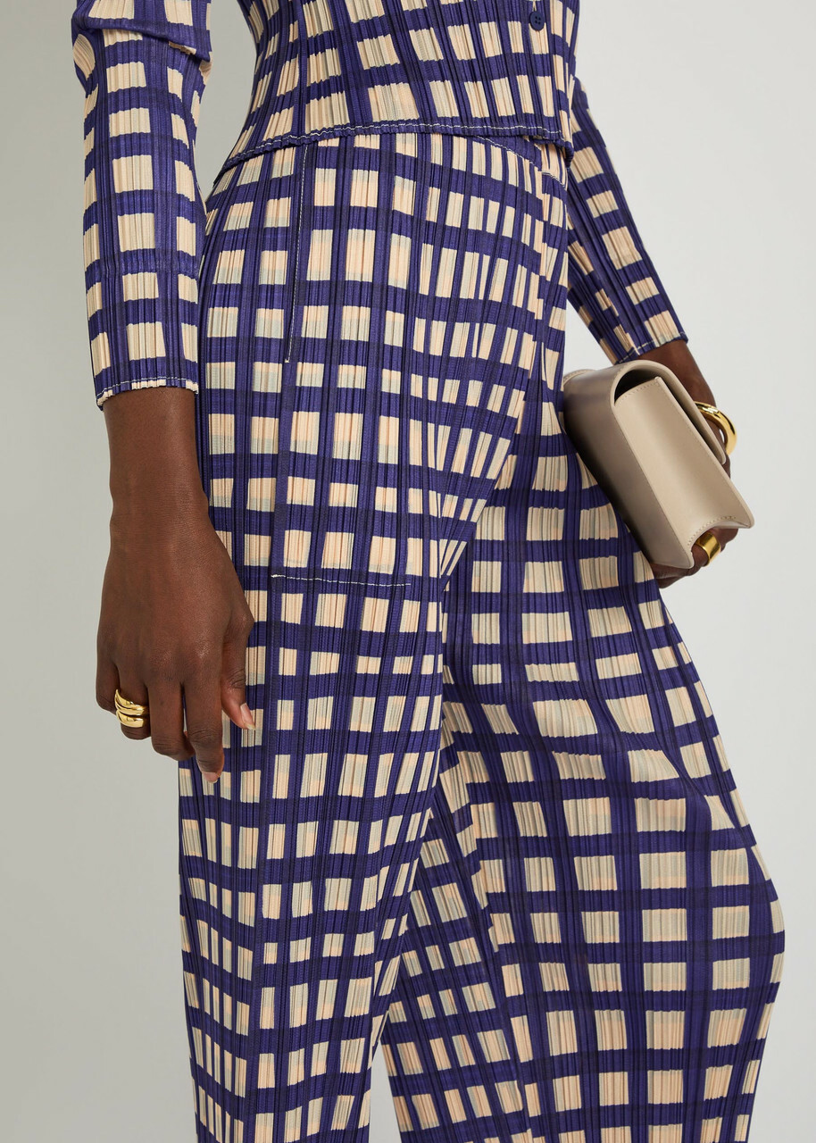 Pleats Please Issey Miyake Gingham Pleated Straight-leg Woven Cropped Trousers Navy