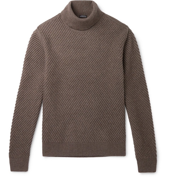 Photo: Hugo Boss - Ribbed Virgin Wool, Silk and Cashmere-Blend Rollneck Sweater - Mushroom