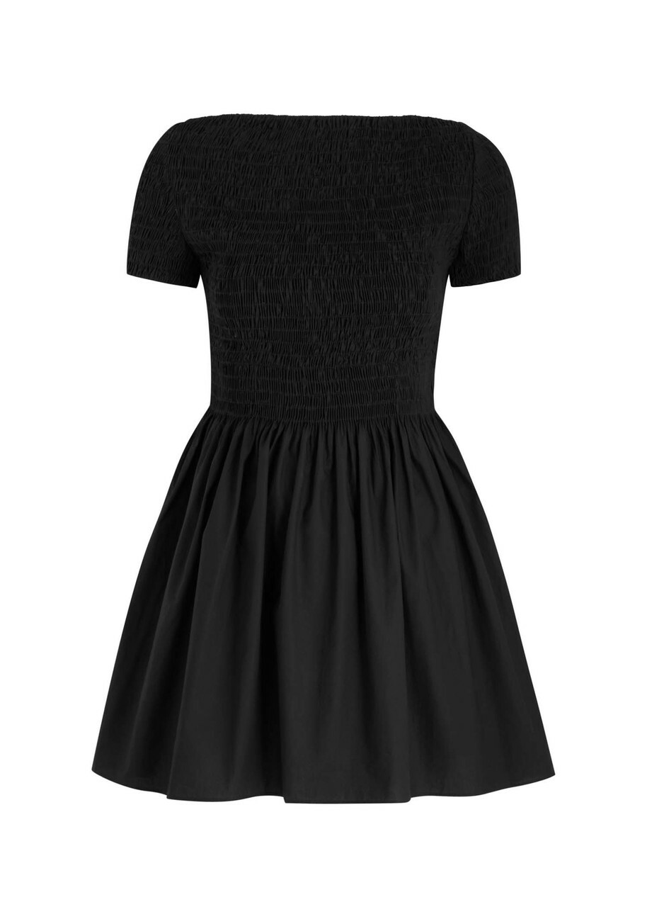 black cotton poplin mini dress Sangria Plaid Ruffle Trim Smocked Bodice Mini Dress main image 1