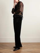SAINT LAURENT - Wide-Leg Satin-Trimmed Stretch-Velvet Drawstring Trousers - Black