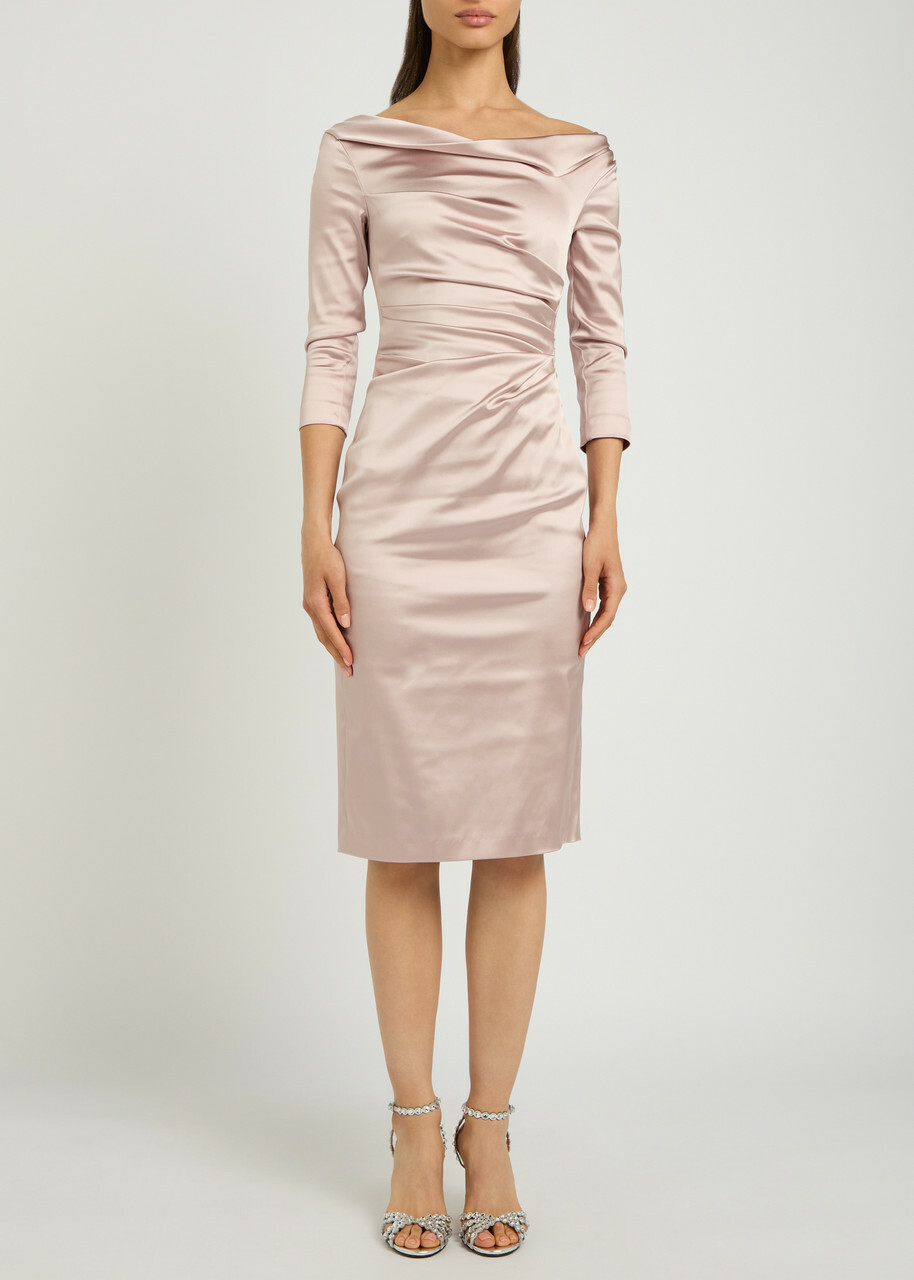 Talbot Runhof Gathered Satin Midi Dress Pink