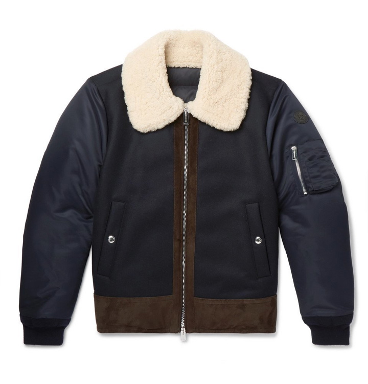 Photo: Moncler - Plovan Shearling and Suede-Trimmed Wool-Blend and Shell Bomber Jacket - Men - Navy