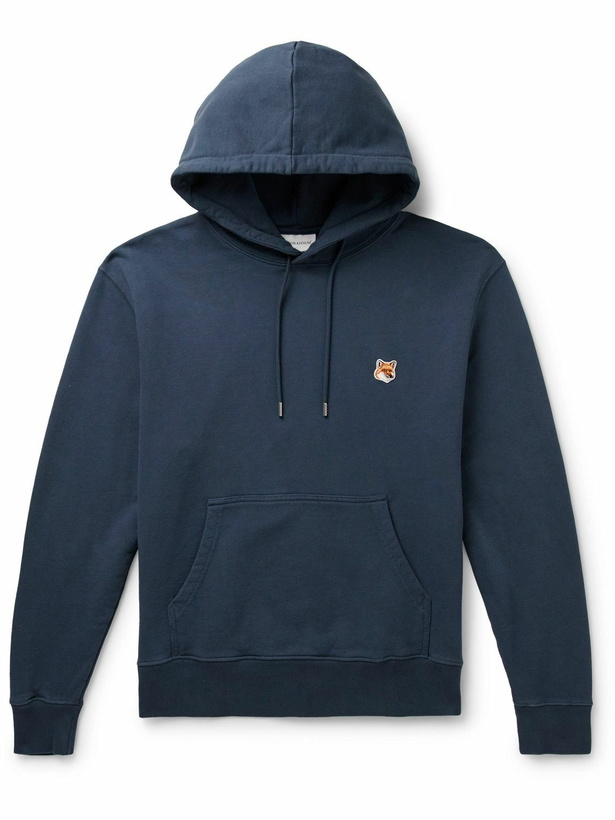 Photo: Maison Kitsuné - Logo-Appliquéd Cotton-Jersey Hoodie - Blue