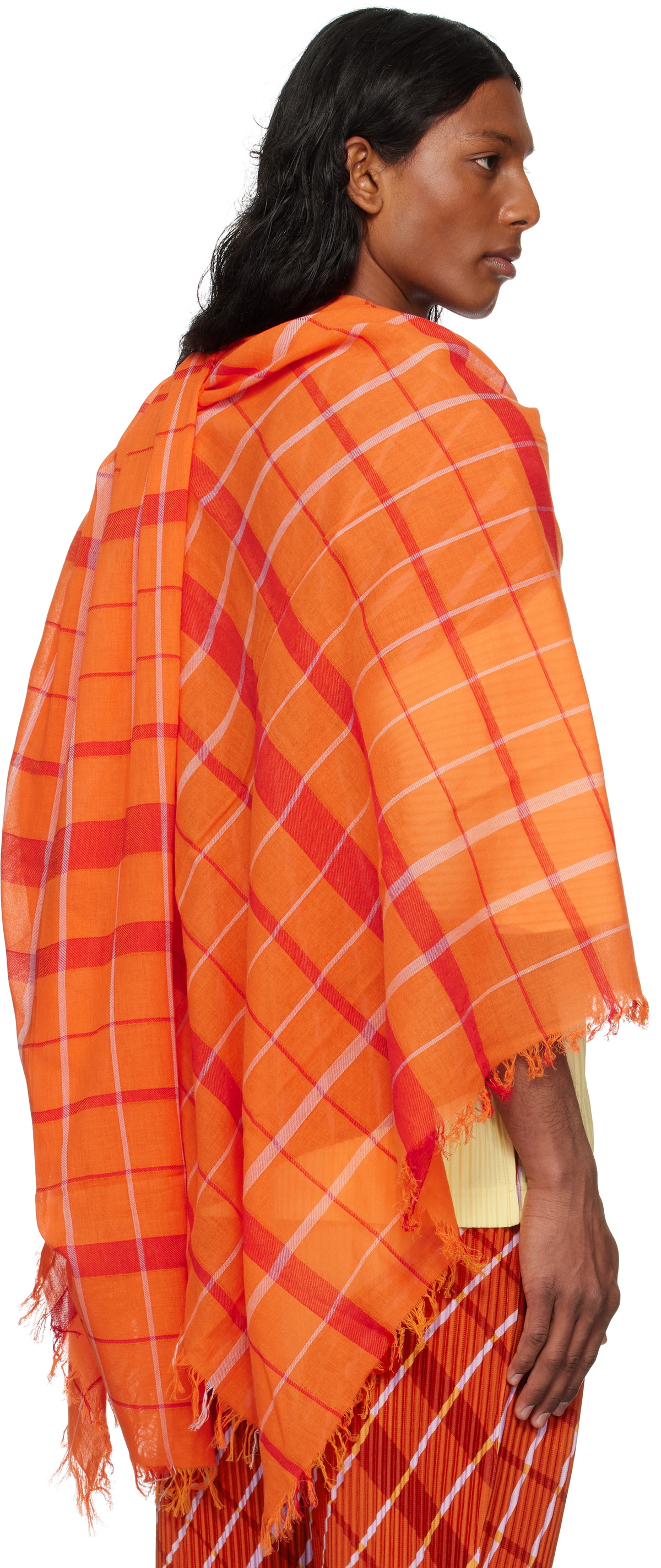 HOMME PLISSÉ ISSEY MIYAKE Orange Plaid Stole Scarf Homme Plisse
