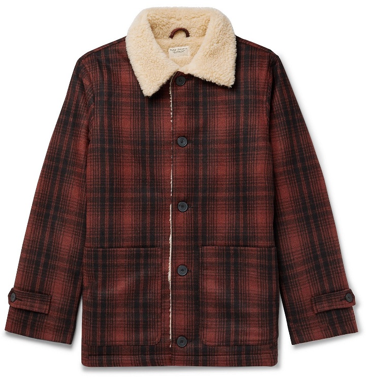 Photo: Nudie Jeans - Mangan Faux Shearling-Trimmed Checked Wool-Blend Twill Jacket - Red