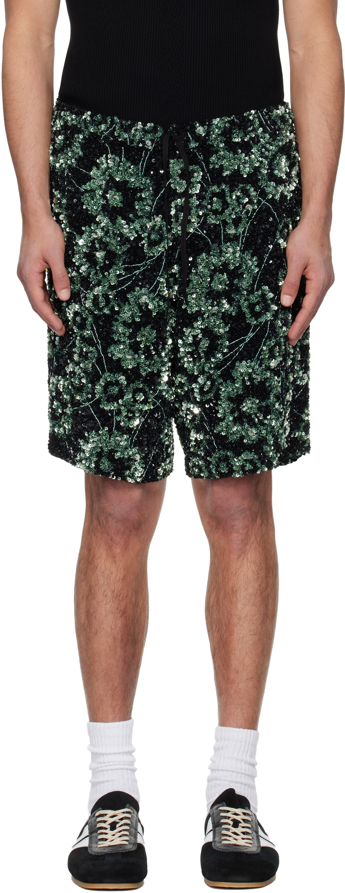 Dries Van Noten Black & Green Embroidered Shorts