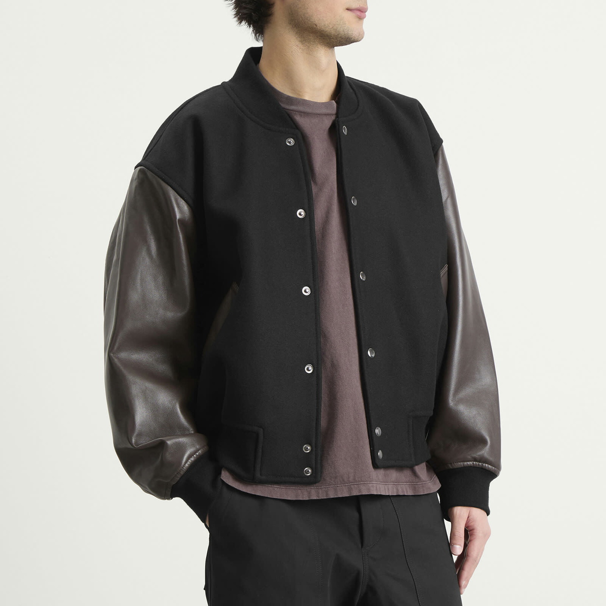 Studio Nicholson Men's Alph Leather Wool Varsity Bomber Jacket in Black/Cocoa