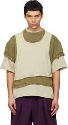 We11done Off-White & Green Triple Layered Washed T-shirt