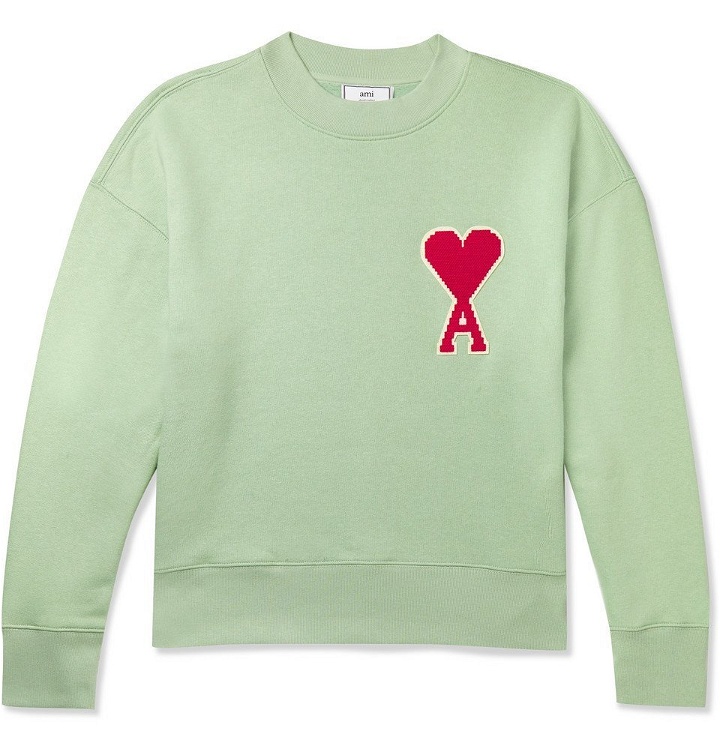Photo: AMI - Logo-Appliquéd Fleece-Back Cotton-Blend Jersey Sweatshirt - Green