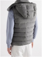 TOM FORD - Leather-Trimmed Quilted Suede Hooded Down Gilet - Gray