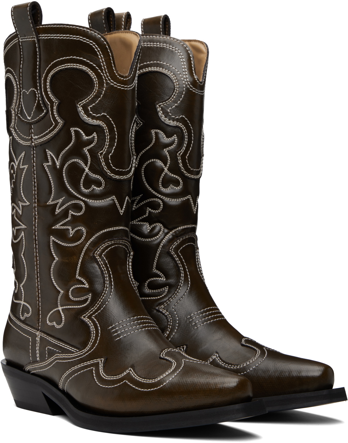 GANNI Brown Mid Shaft Embroidered Western Boots