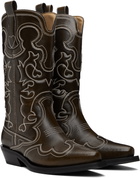 GANNI Brown Mid Shaft Embroidered Western Boots