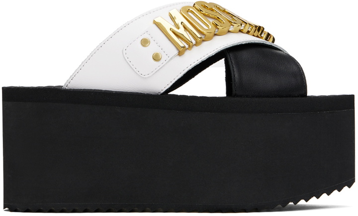 Photo: Moschino Black & White Lettering Logo Wedge Sandals