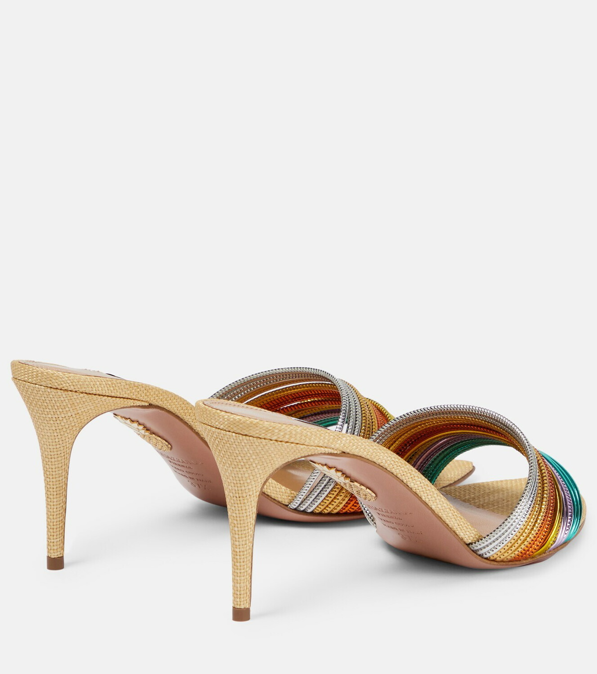 【AQUAZZURA】off to bali 75 shell-embellished raffia mules AQUAZZURA Off to Bali 75 shell-embellished raffia mules