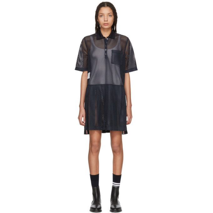 Thom Browne Navy Mesh Stripe Boxy Polo Dress Thom Browne