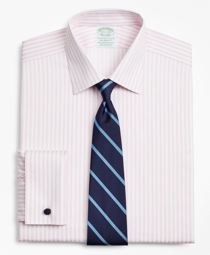 Photo: Brooks Brothers Men's Stretch Milano Slim-Fit Dress Shirt, Non-Iron Twill Ainsley Collar French Cuff Bold Stripe | Pink