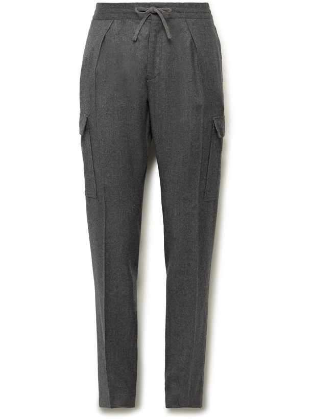 Photo: Incotex - Tapered Virgin Wool-Flannel Drawstring Cargo Trousers - Gray