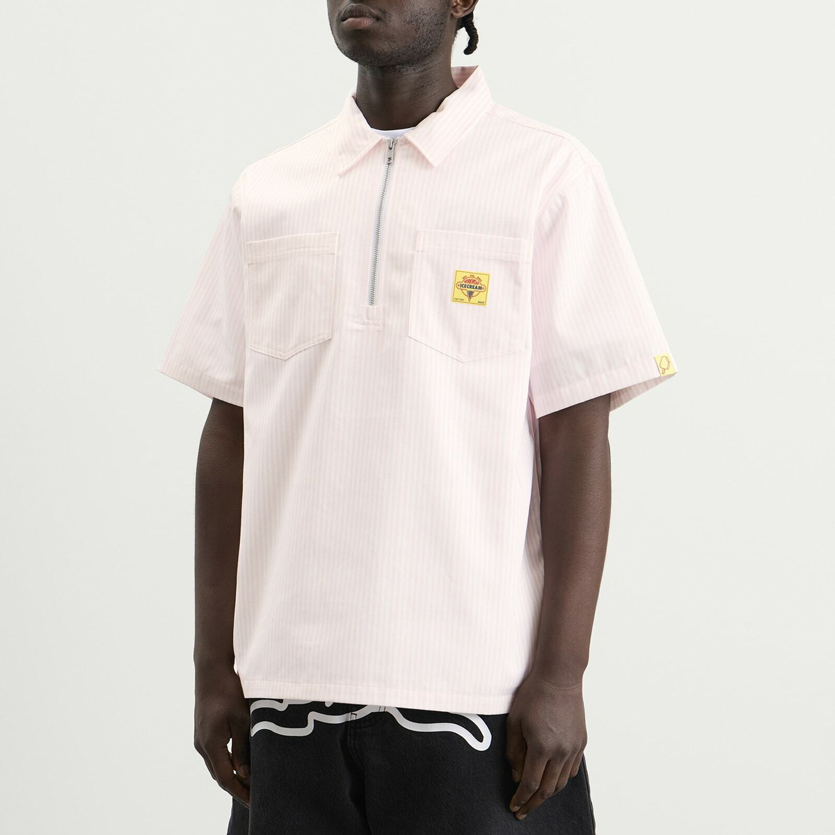 ICECREAM Men's Waitress Quarter Zip Work Shirt in Pink Stripe