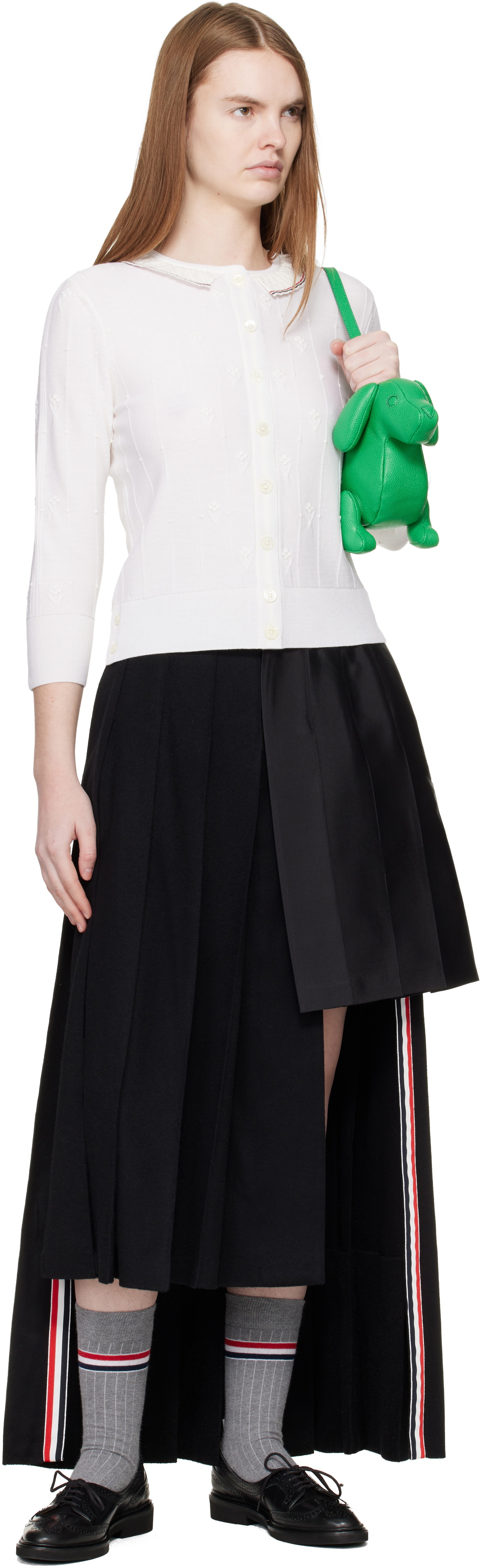 Thom Browne White Bobble Stitch 3/4 Sleeve Cardigan