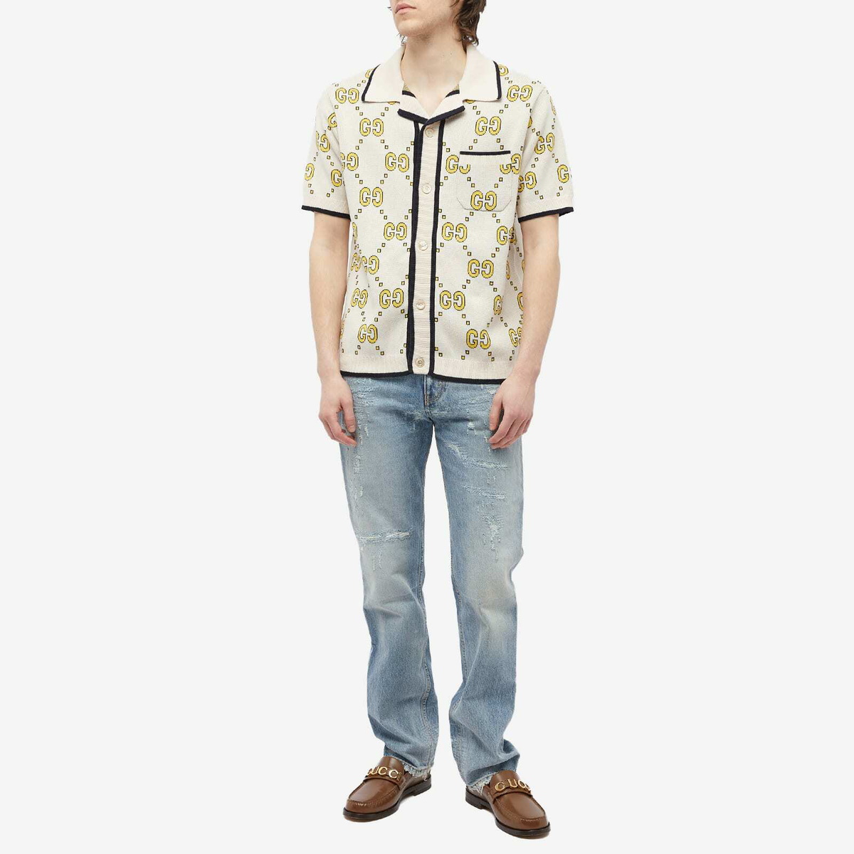 GUCCI半袖ニット ミルク Gucci Men's GG Knitted Shirt in Milk Gucci