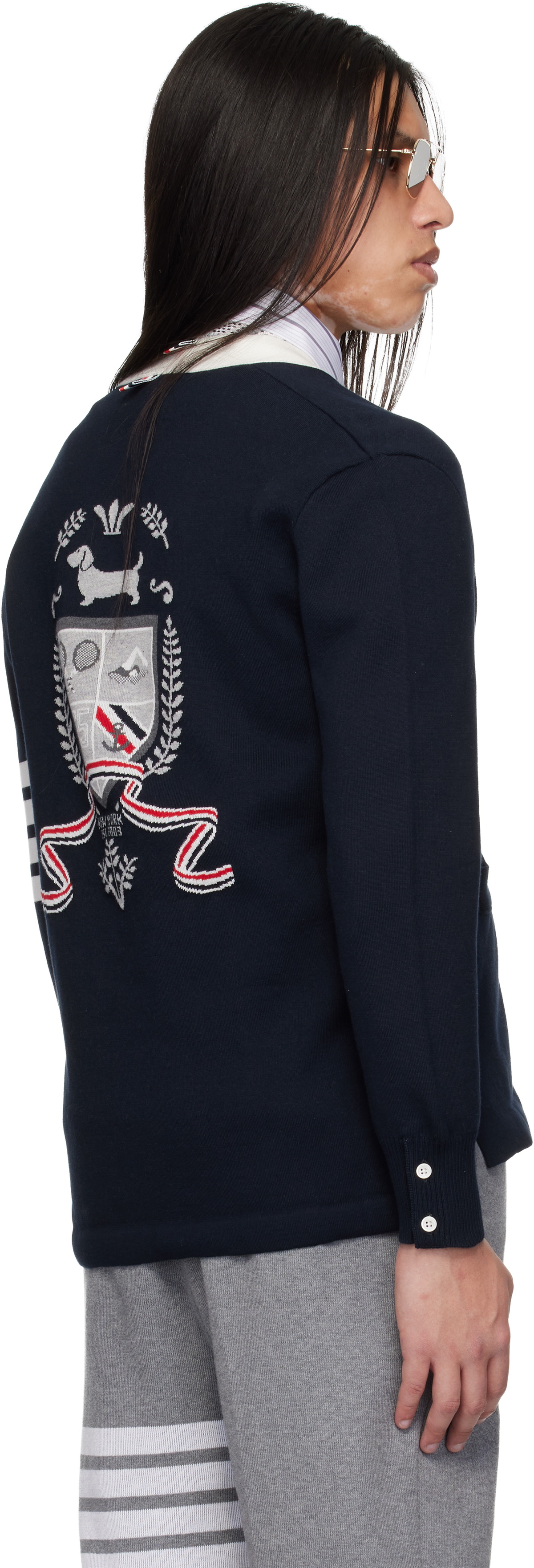 Thom Browne Navy Crest Intarsia Jacquard 4-Bar Rugby Fit Cardigan
