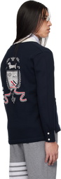 Thom Browne Navy Crest Intarsia Jacquard 4-Bar Rugby Fit Cardigan