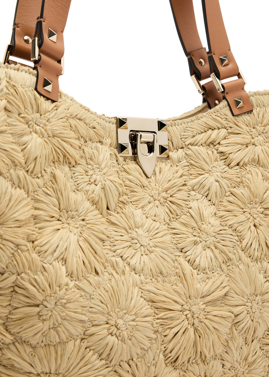 Valentino Garavani Rockstud Small Raffia Tote - Natural
