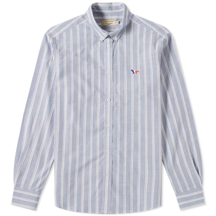 Photo: Maison Kitsun&eacute; Tricolour Fox Embroidery Stripes Button Down Shirt Blue Stripes