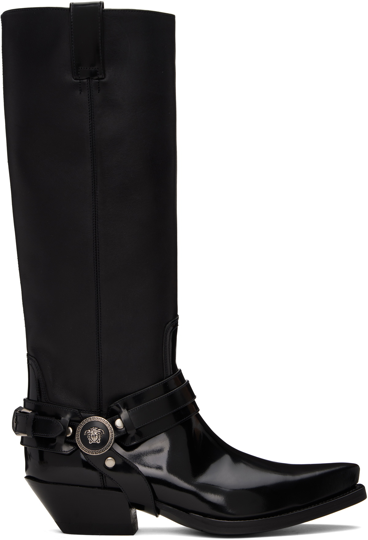 【関税込み】Versace ブラック Texano Knee-High ロングブーツ 0400021343801_BLACKOLDPALLADIU