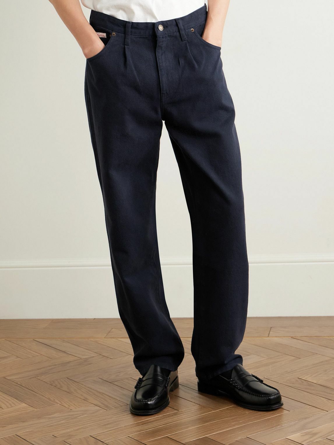 Noah - Straight-Leg Pleated Brushed Organic Cotton-Twill Trousers - Blue