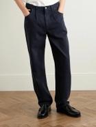 Noah - Straight-Leg Pleated Brushed Organic Cotton-Twill Trousers - Blue