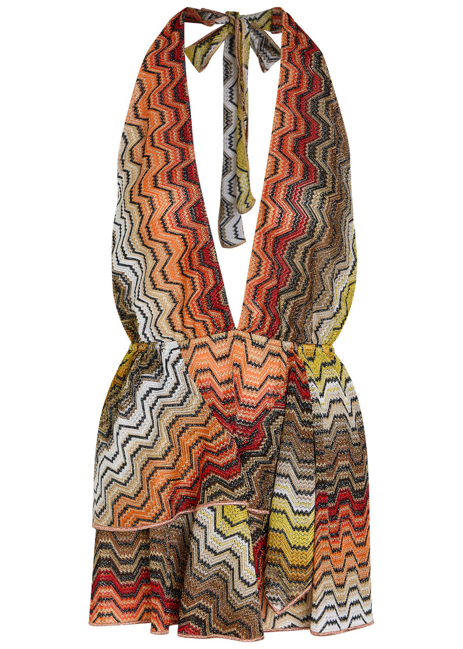 Missoni Zigzag Halterneck Metallic-knit Cover-up top Beige