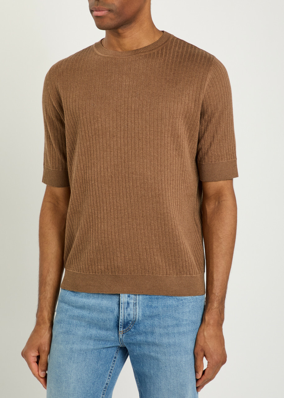 Lardini Ribbed Fine-knit Flax and Cotton-blend T-shirt Brown