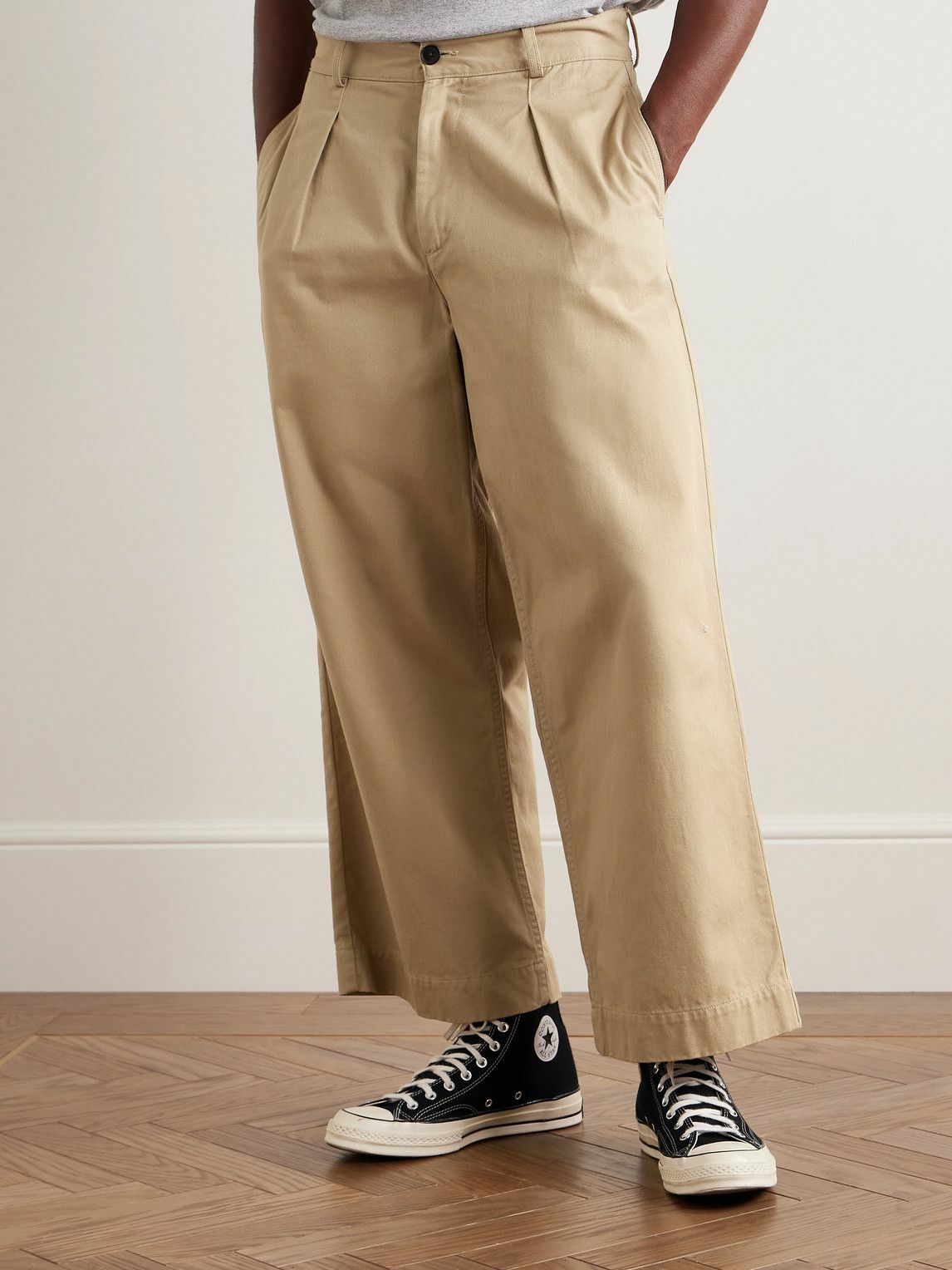 Noah - Wide-Leg Pleated Cotton-Twill Trousers - Neutrals