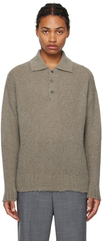 Photo: AMI Paris Taupe Spread Collar Long Sleeve Polo