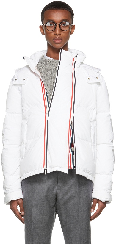 Photo: Thom Browne White Down Funnel Neck Double Zip Back Stripe Jacket