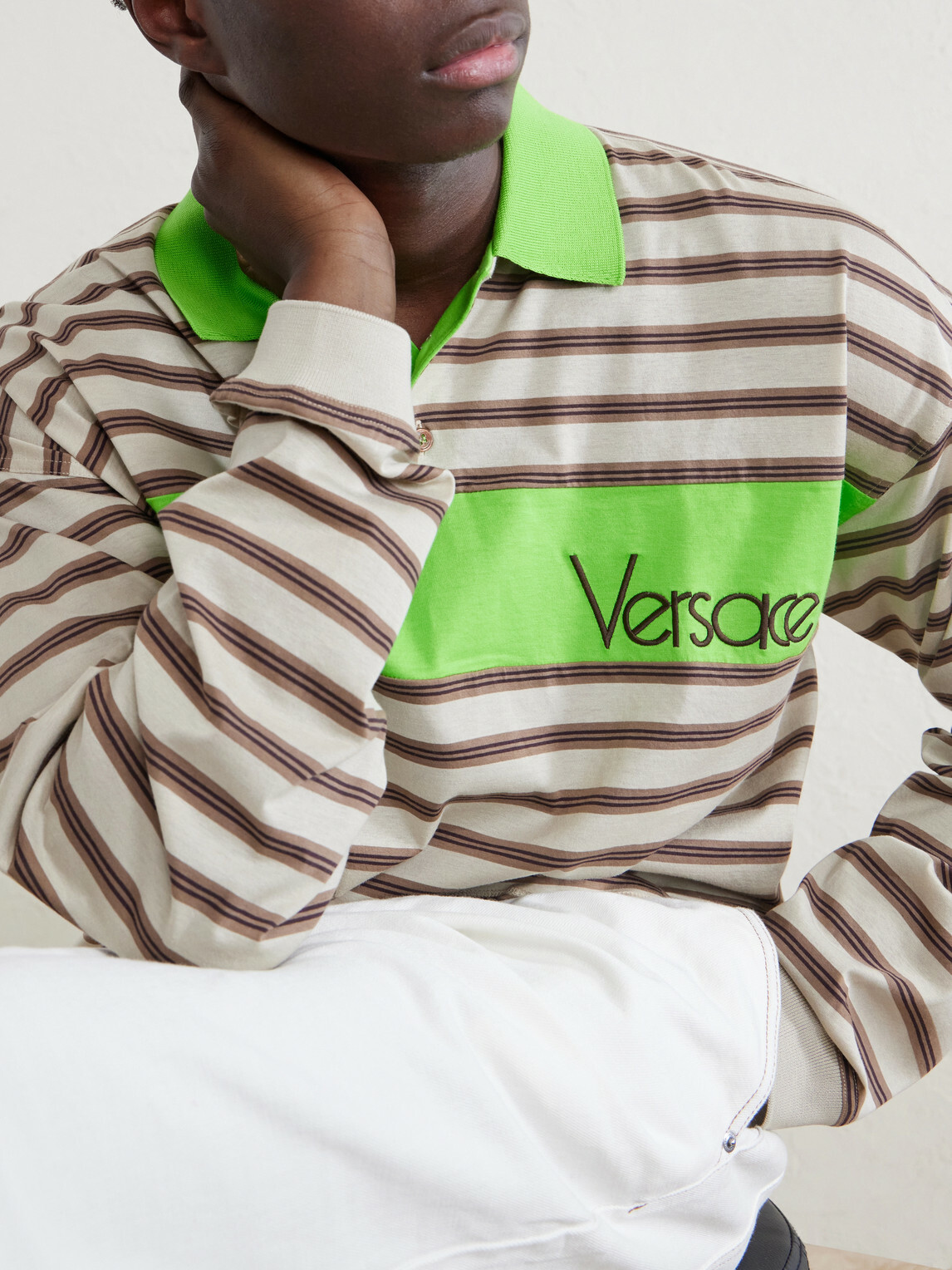 Versace - Polo Striped Cotton Jersey Polo Shirt - Neutrals