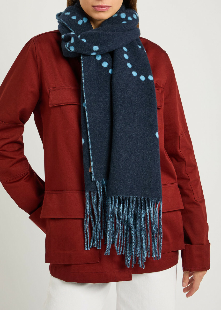 Stella Mccartney Logo Fringed Wool Scarf - Navy - One Size