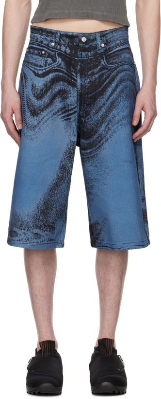 Photo: CAMPERLAB Black & Blue Distorted Print Denim Shorts