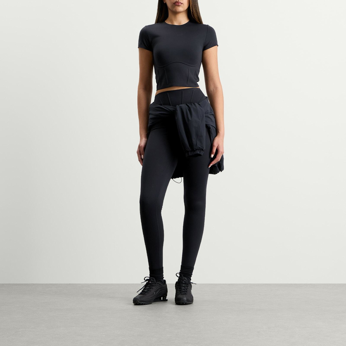 Nike Women's x SKIMS Matte Corset Short Sleeve Crop Top in Obsidian