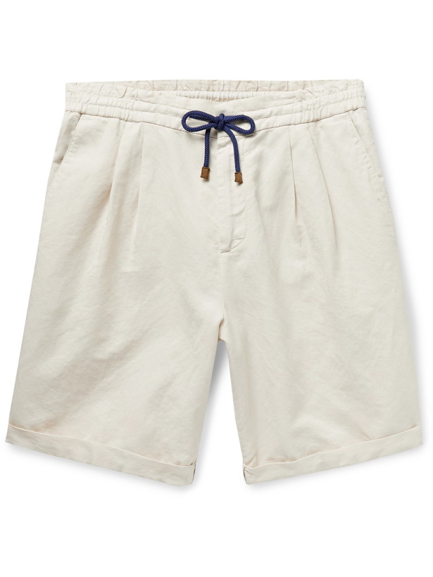 Photo: BRUNELLO CUCINELLI - Wide-Leg Linen and Cotton-Blend Drawstring Bermuda Shorts - Neutrals